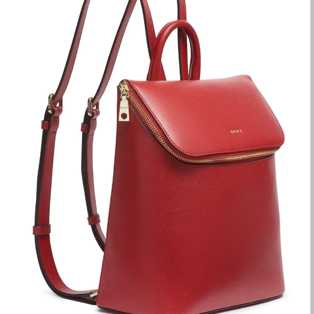 DKNY Bryant Leather Top Zip Backpack -Bright Red - Picture 1 of 7